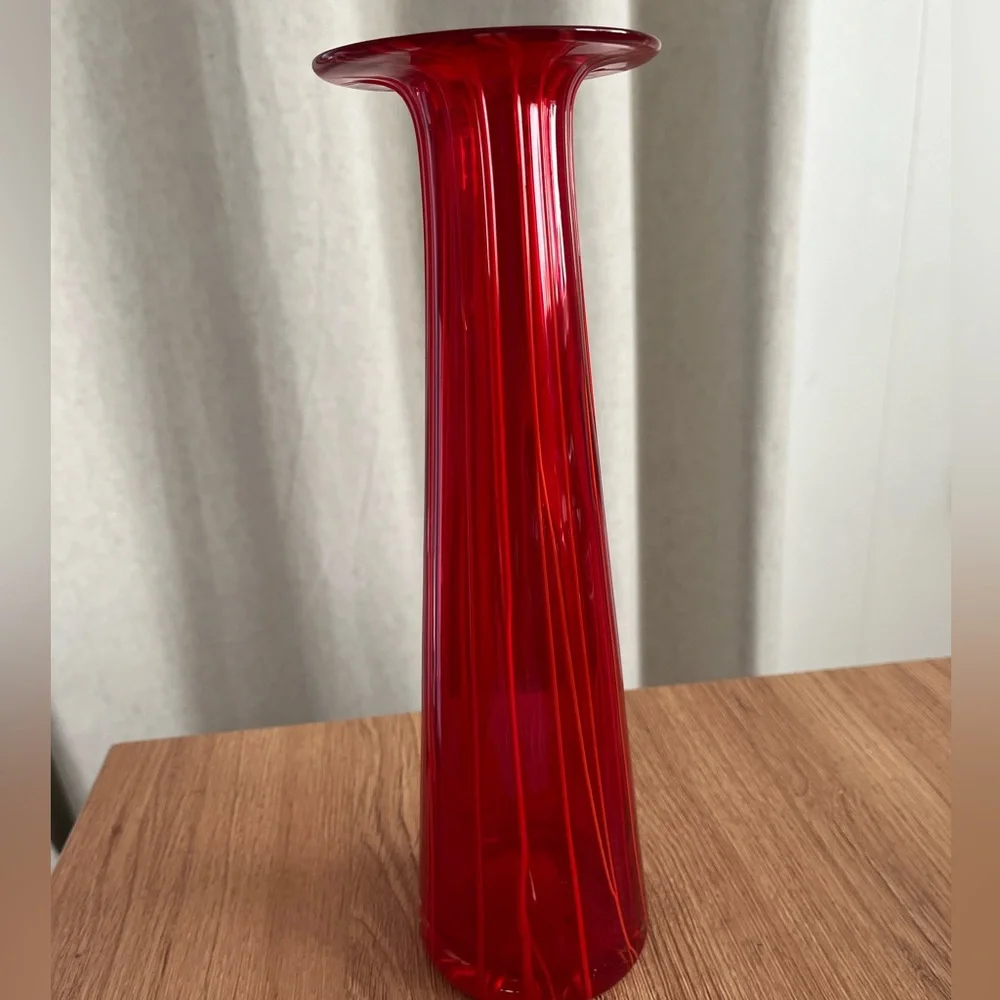 Tall Modern Red Vase Flat Top Tall Art Glass Handblown Pontil mark, Crate&Barrel